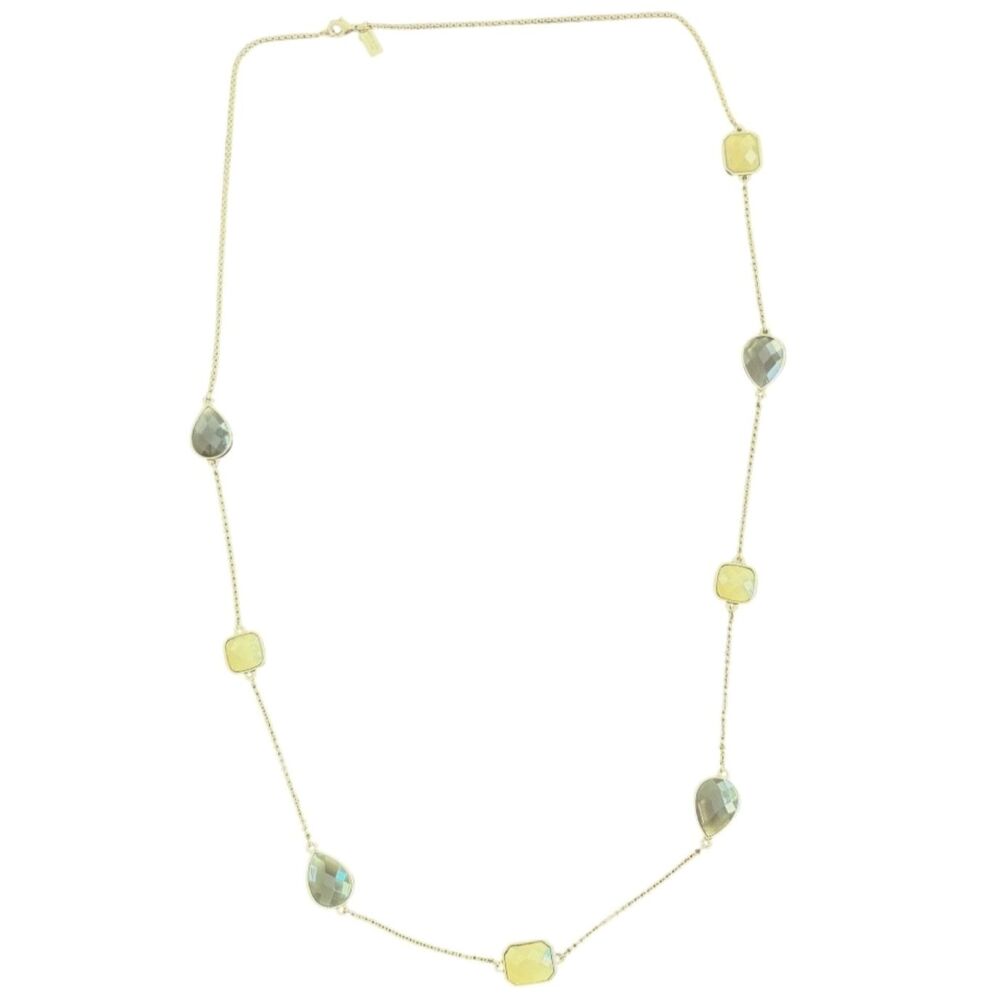 Kate Spade Long Station Necklace Olive Green & Yellow Faceted Stones Gold Tone
